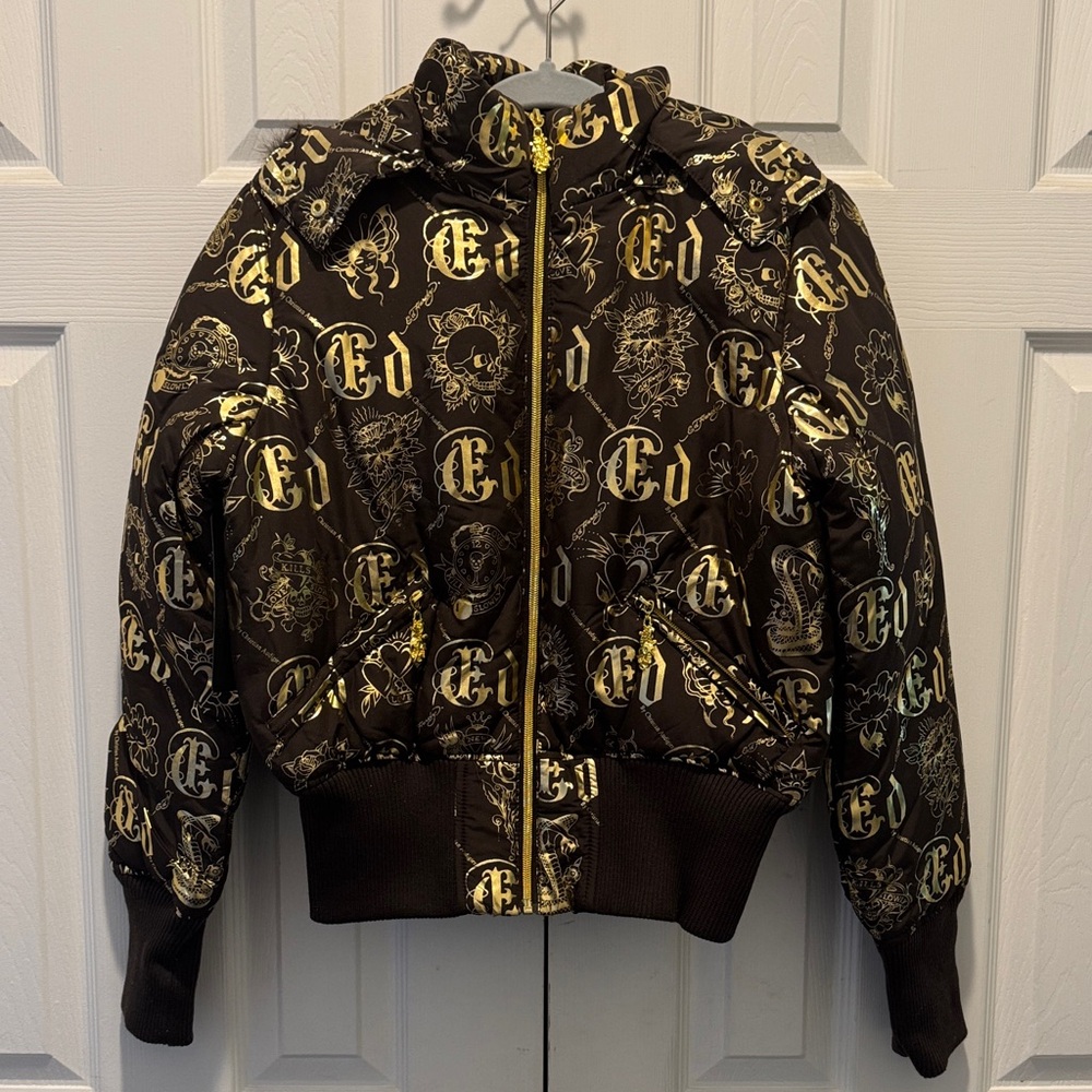 Ed Hardy by Christian Audigier Women’s Gold Foil Puffer Jacket NWT